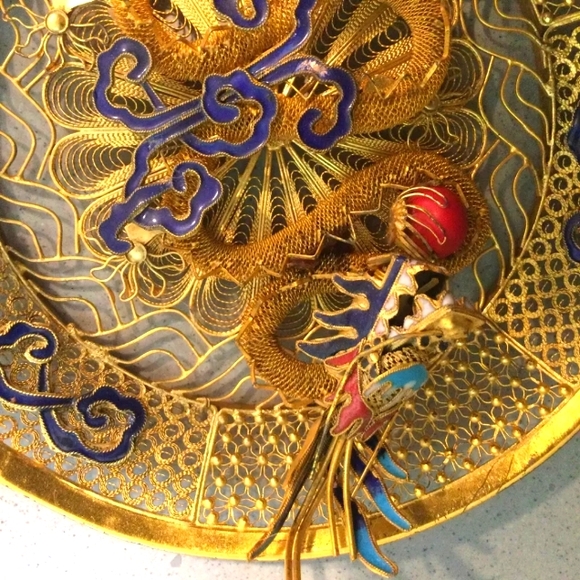Dragon Filigree Cloisonne 3D Asian Decor Gold w Color ! - Picture 12 of 16